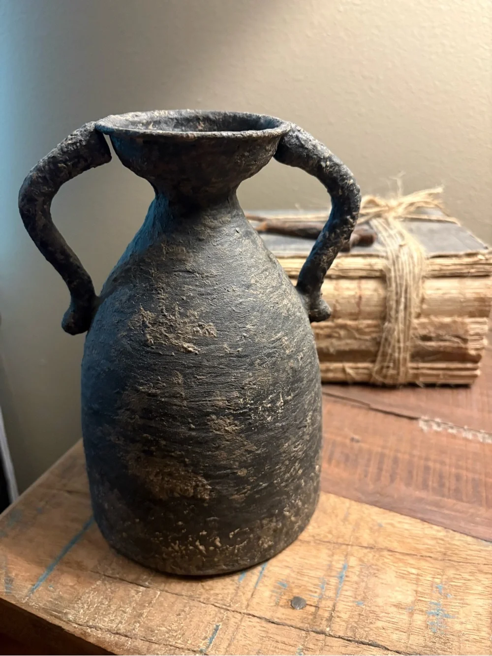 Hand Crafted Black Textured Two-Handled Vase